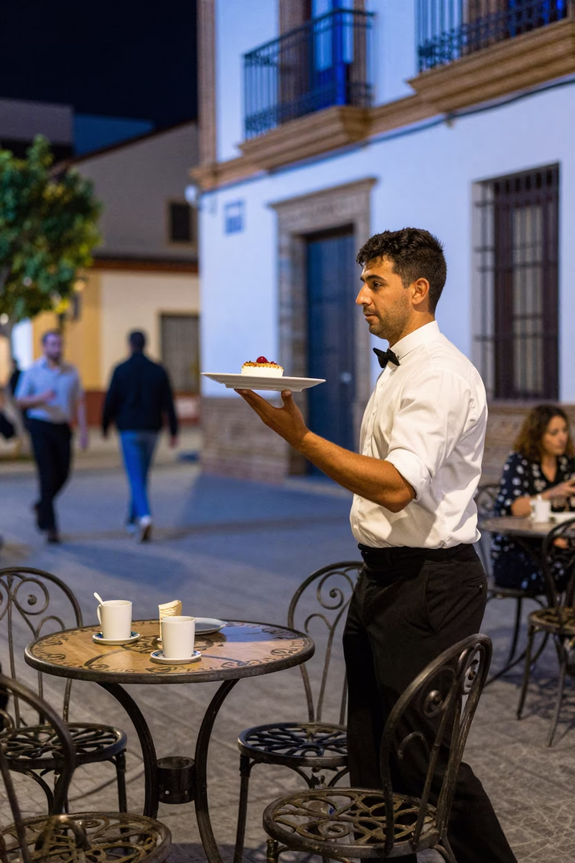 Late Night Seville Street Scene with Blue and White Porcelain Plate and Urban Details in in Seville, Spain