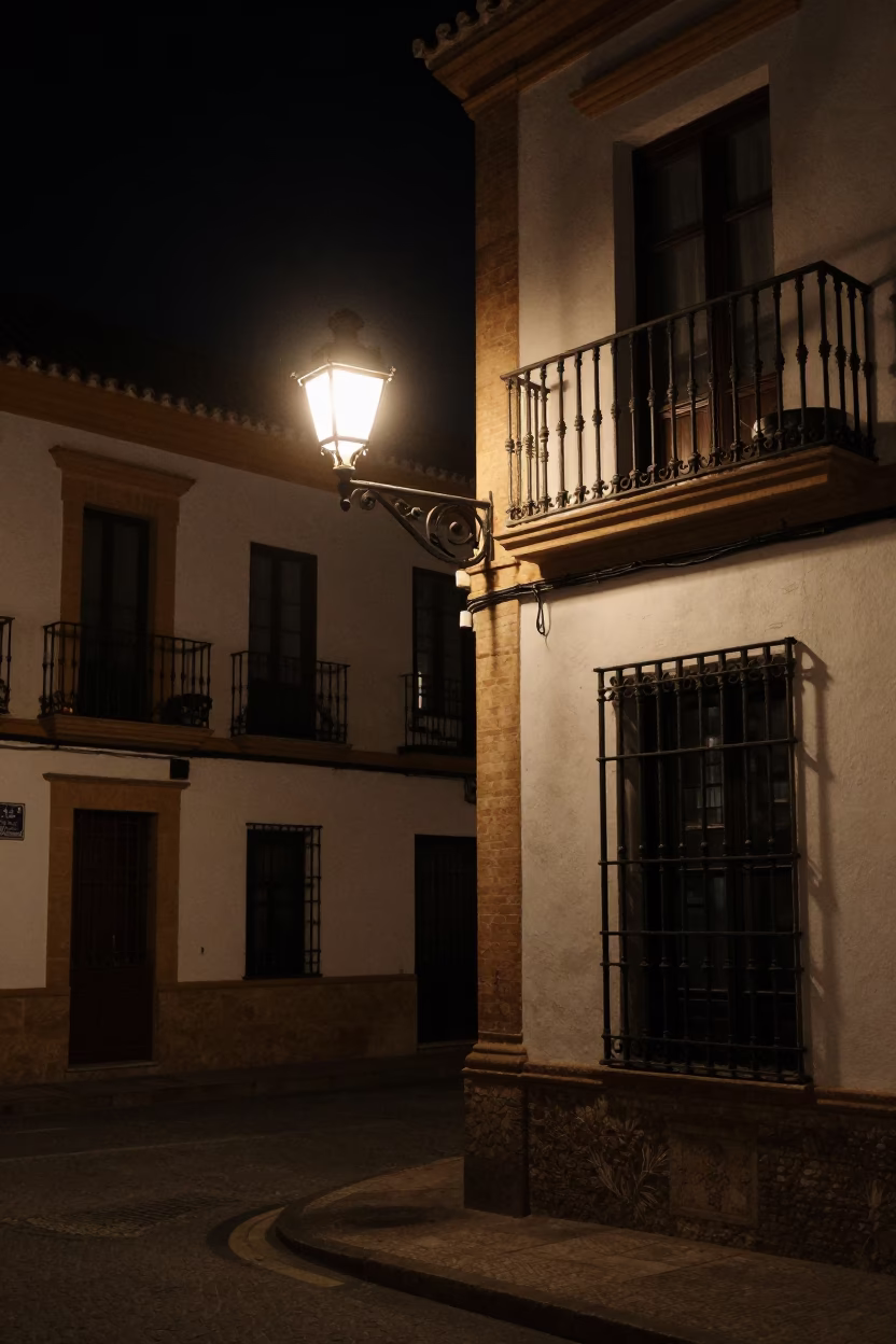 Late Night Seville Street Scene With Brushed Steel Lamp Base Illuminating Cobblestone Plaza in in Seville, Spain