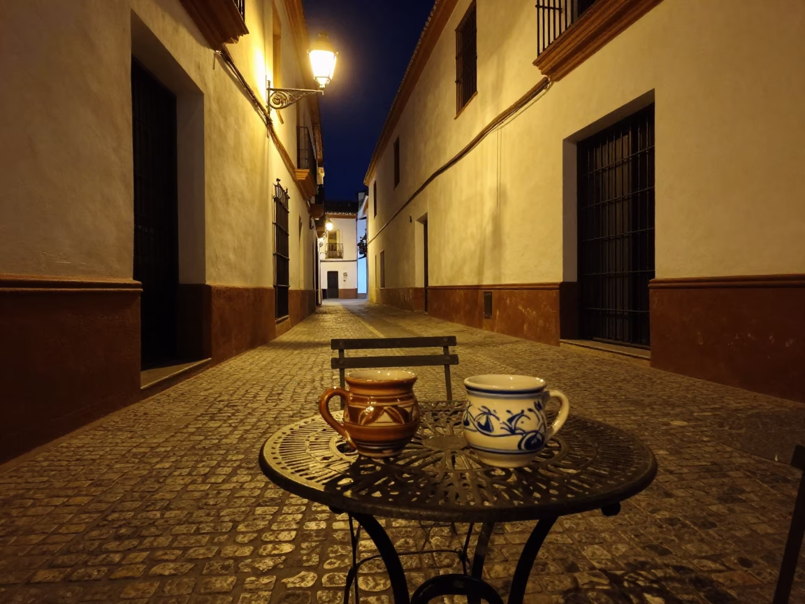 Late Night Seville Street Scene with Ceramic Mugs and Traditional Spanish Architecture in in Seville, Spain