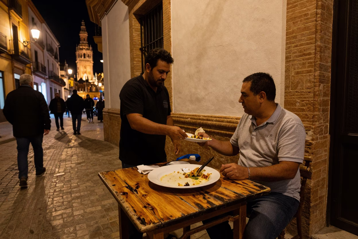 Late Night Seville Street Scene with Ceramic Plate and Copper Pots in in Seville, Spain