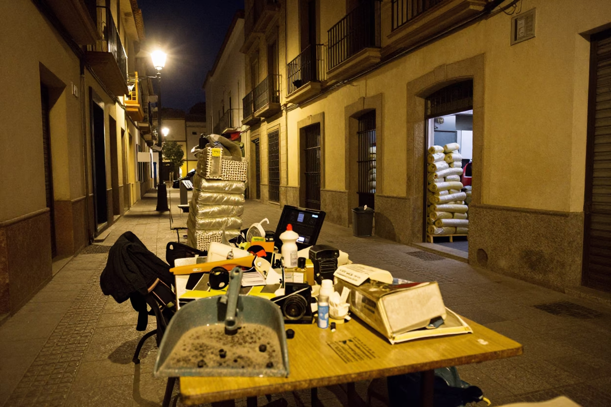 Late Night Seville Street Scene with Cluttered Table and Neon Lights in in Seville, Spain
