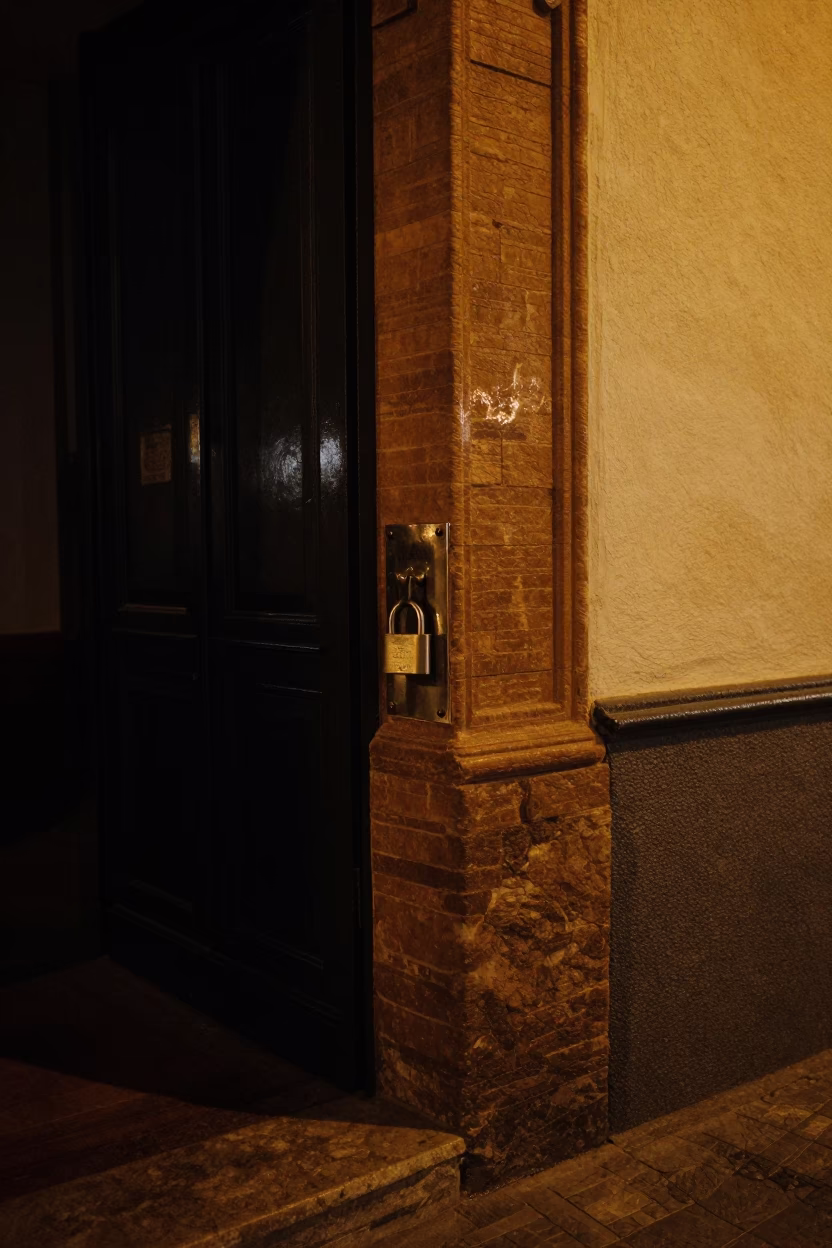 Late Night Seville Street Scene with Deadbolt and Polished Metal Details in in Seville, Spain