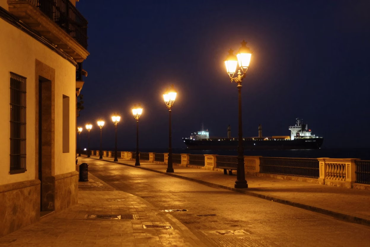 Late Night Seville Street Scene with Distant Cargo Ship and Urban Details in in Seville, Spain