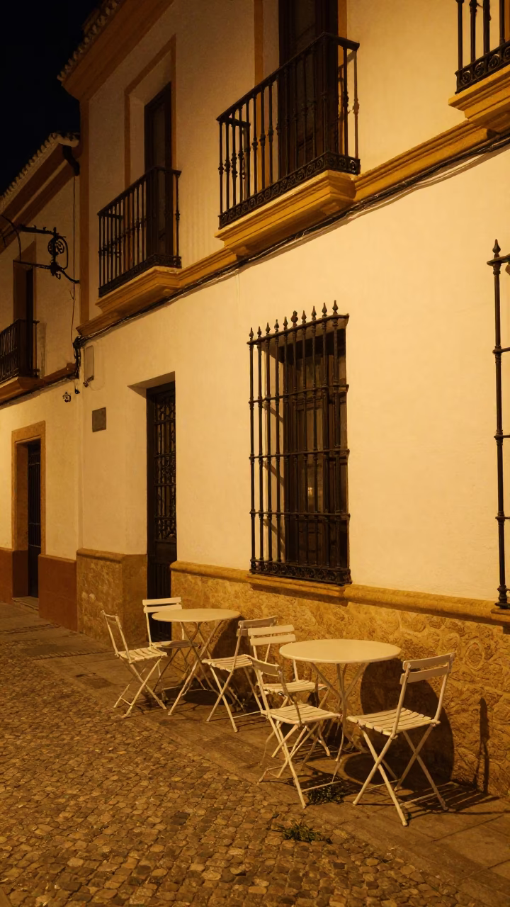 Late Night Seville Street Scene with Folding Tables and Step Stool Outside Traditional Building in in Seville, Spain