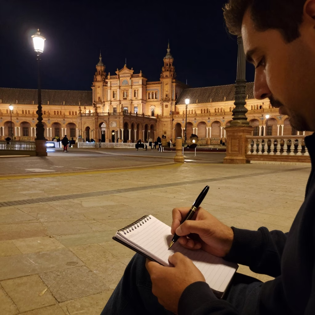 Late Night Seville Street Scene with Fountain Pen and Shelf Bracket Details in in Seville, Spain