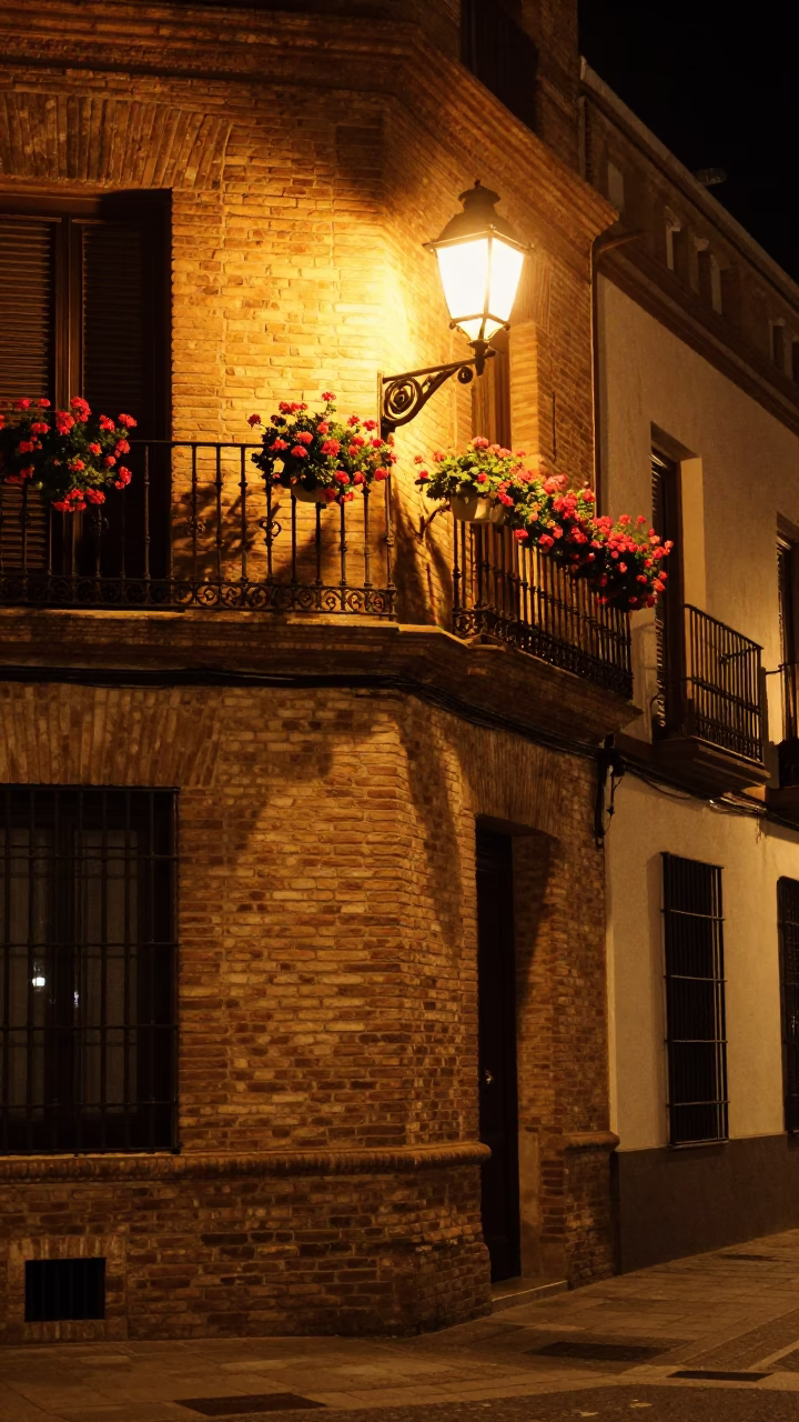 Late Night Seville Street Scene with Geraniums and Brick Architecture in in Seville, Spain