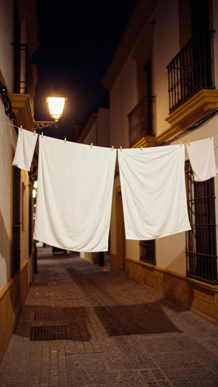 Late Night Seville Street Scene with Hanging Drying Towels and Traditional Decorations in in Seville, Spain