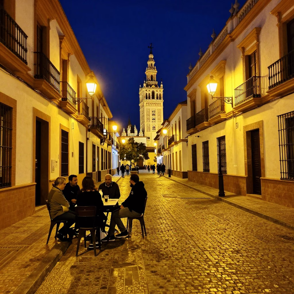 Late Night Seville Street Scene with Horchata and Traditional Architecture in in Seville, Spain