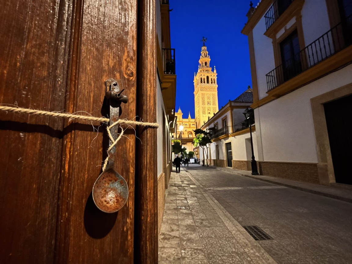 Late Night Seville Street Scene with Ladle and Twine in Andalusian Night in in Seville, Spain