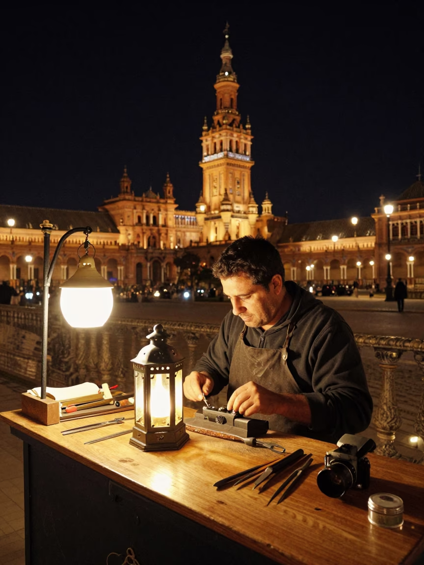Late Night Seville Street Scene with Lantern Maker and Umbrella Stall in in Seville, Spain