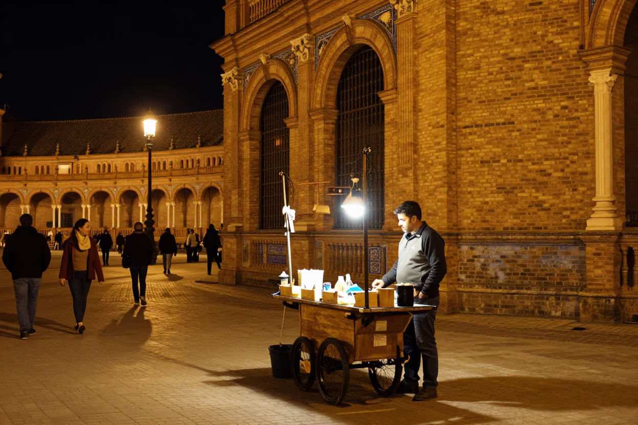 Late Night Seville Street Scene with Local Vendor and Urban Details in in Seville, Spain