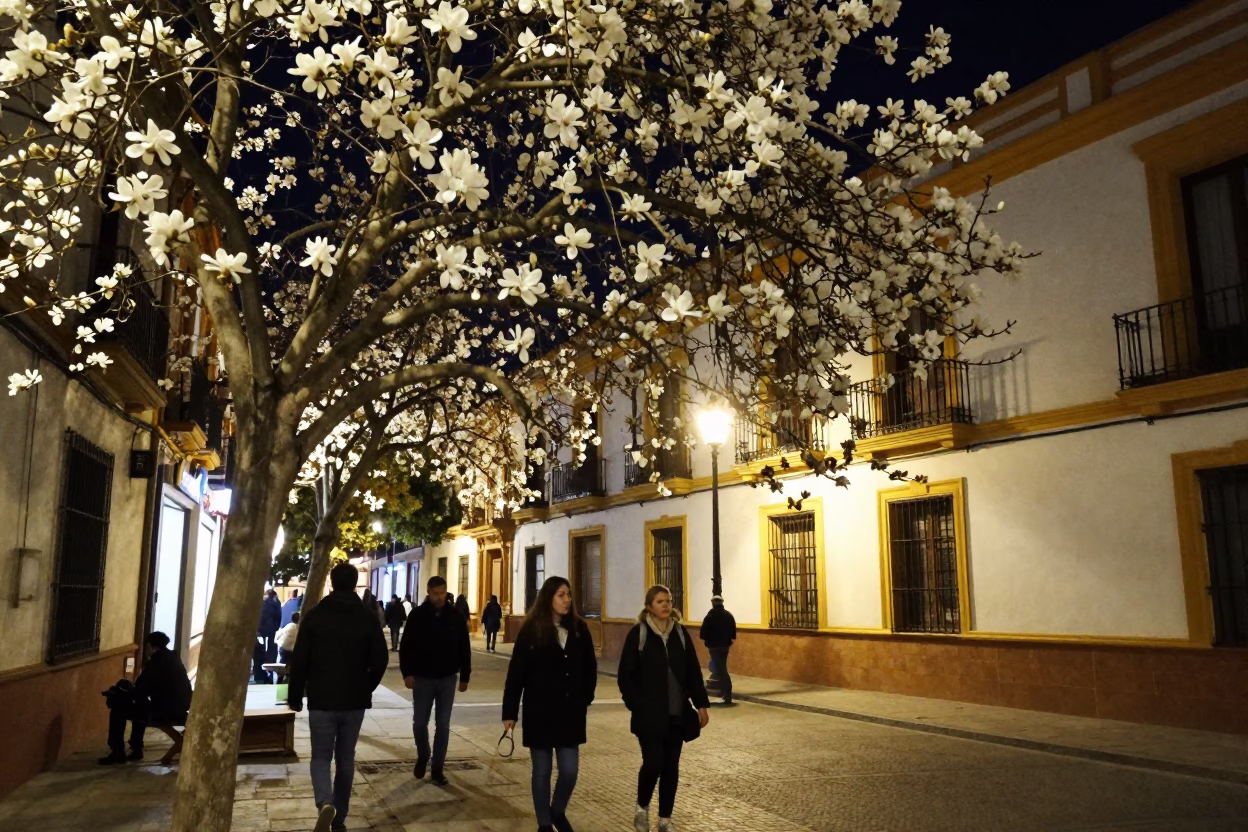 Late Night Seville Street Scene with Magnolia Tree and Traditional Lampshade in in Seville, Spain