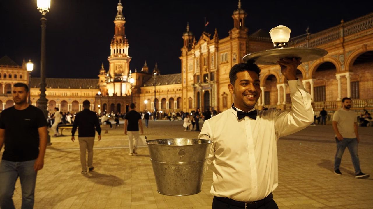 Late Night Seville Street Scene with Metal Bucket and Linen Fringe in in Seville, Spain