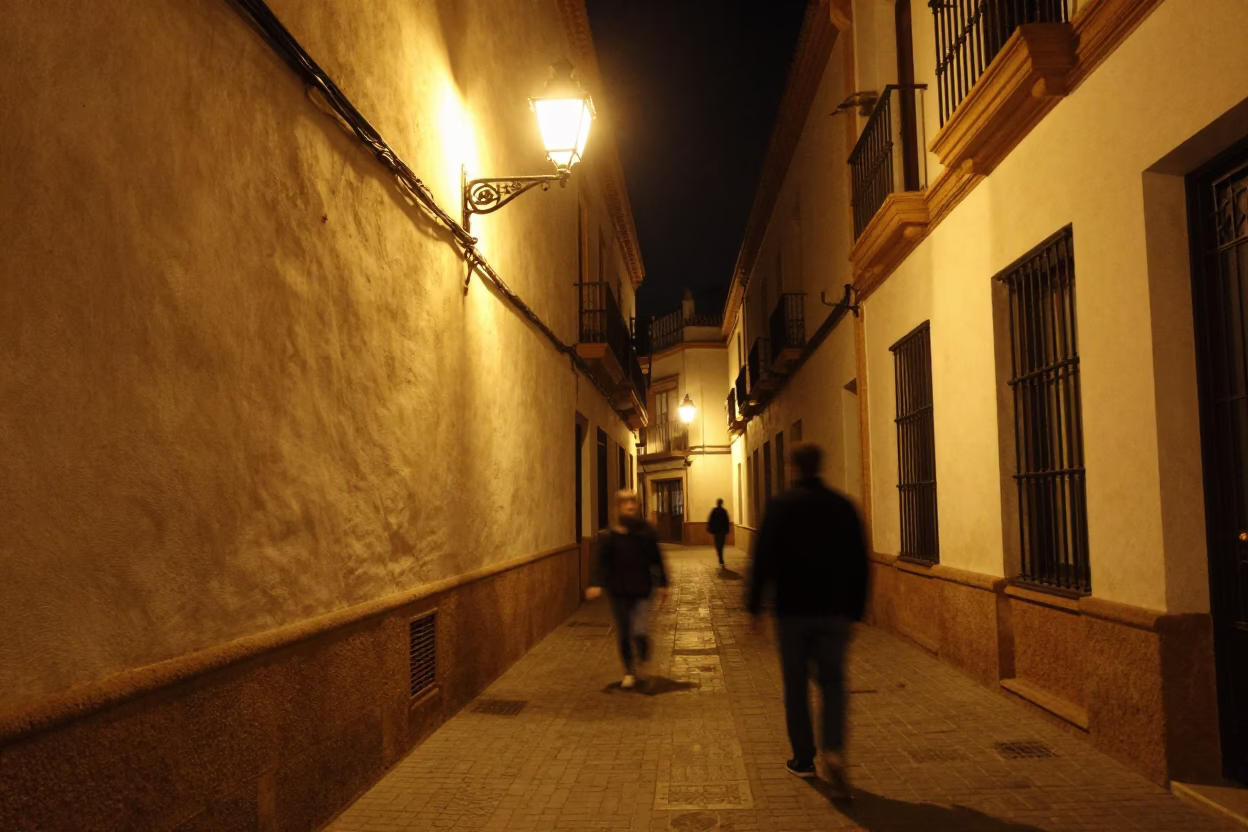 Late Night Seville Street Scene with Motion Blur and Urban Details in in Seville, Spain