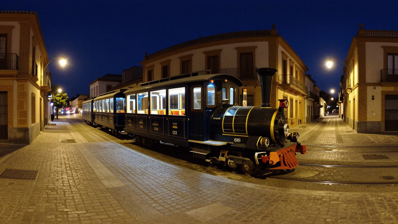 Late Night Seville Street Scene with Narrow Gauge Train and Grease Sheen on Rim in in Seville, Spain