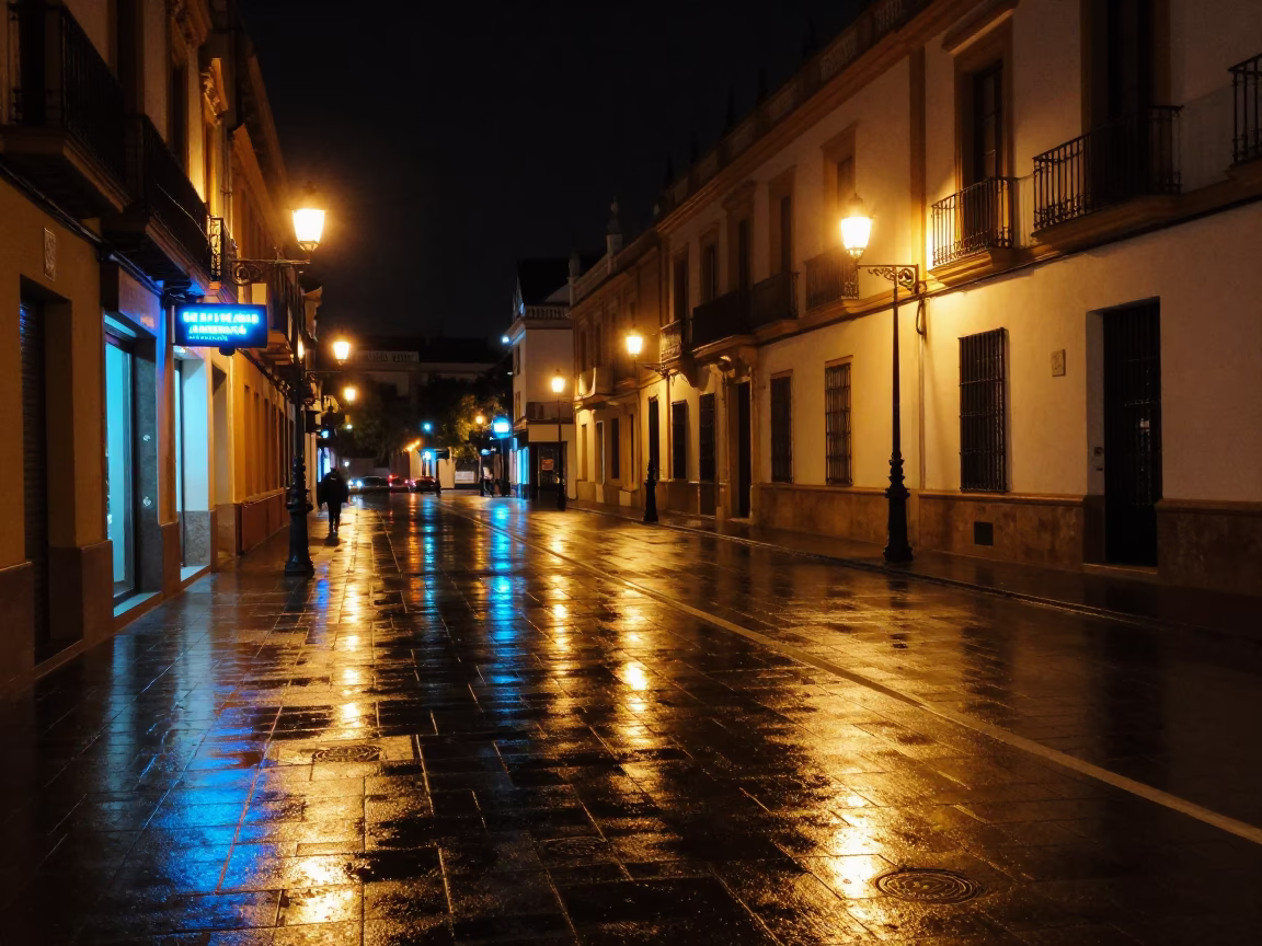 Late Night Seville Street Scene with Neon Reflections and Urban Details in in Seville, Spain