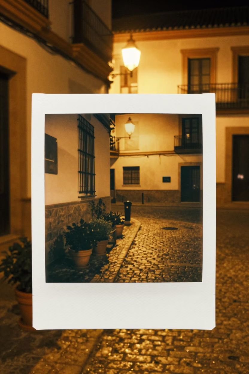 Late Night Seville Street Scene with Potted Herbs and Traditional Architecture in in Seville, Spain