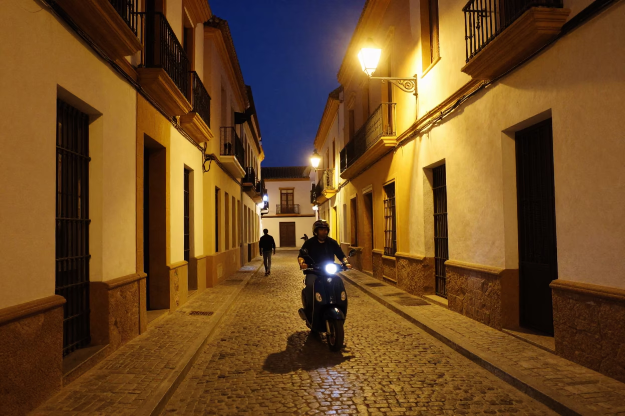 Late Night Seville Street Scene with Scooter and Colorful Architecture in in Seville, Spain