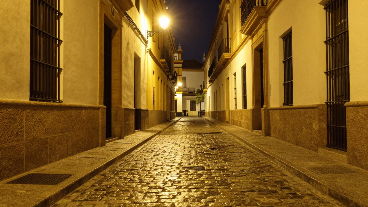 Late Night Seville Street Scene with Streetlight Illuminating Cobblestones and Urban Details in in Seville, Spain