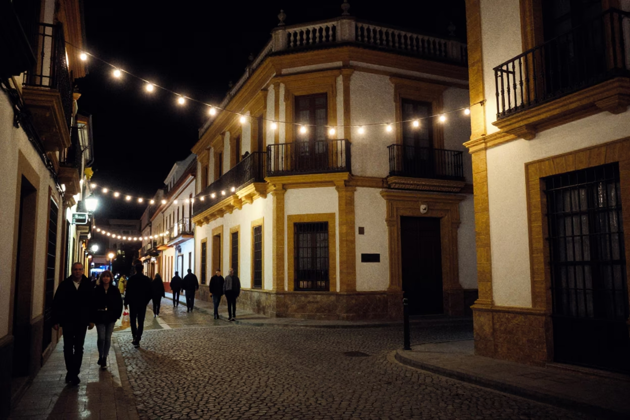 Late Night Seville Street Scene with String Lights and Local Patrons in in Seville, Spain
