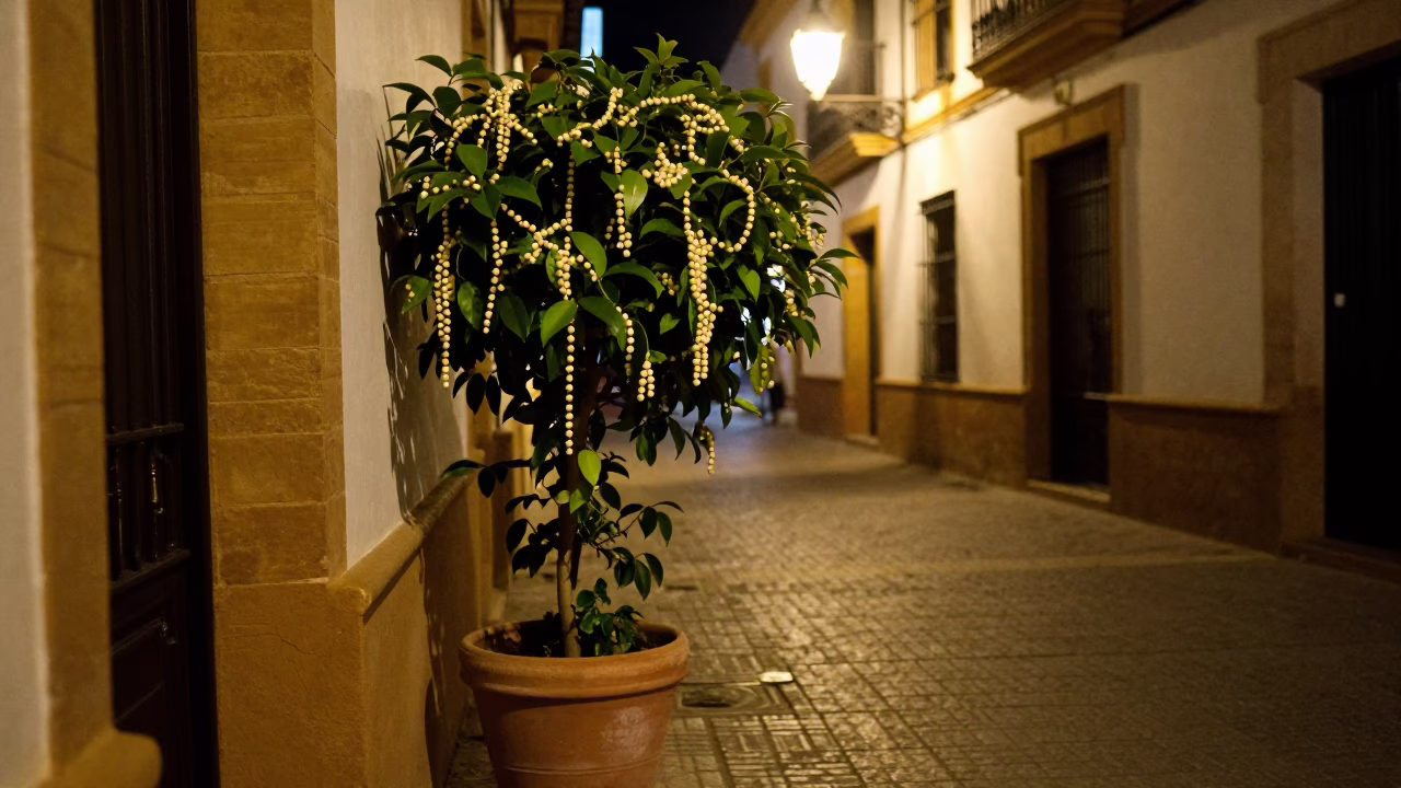 Late Night Seville Street Scene with String of Pearls Plant and Paper Lantern in in Seville, Spain