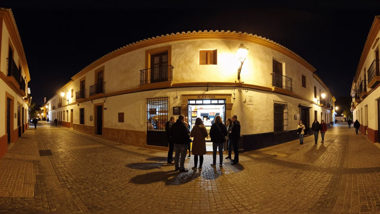 Late Night Seville Street Scene with Traditional Spanish Architecture and Local Life in in Seville, Spain