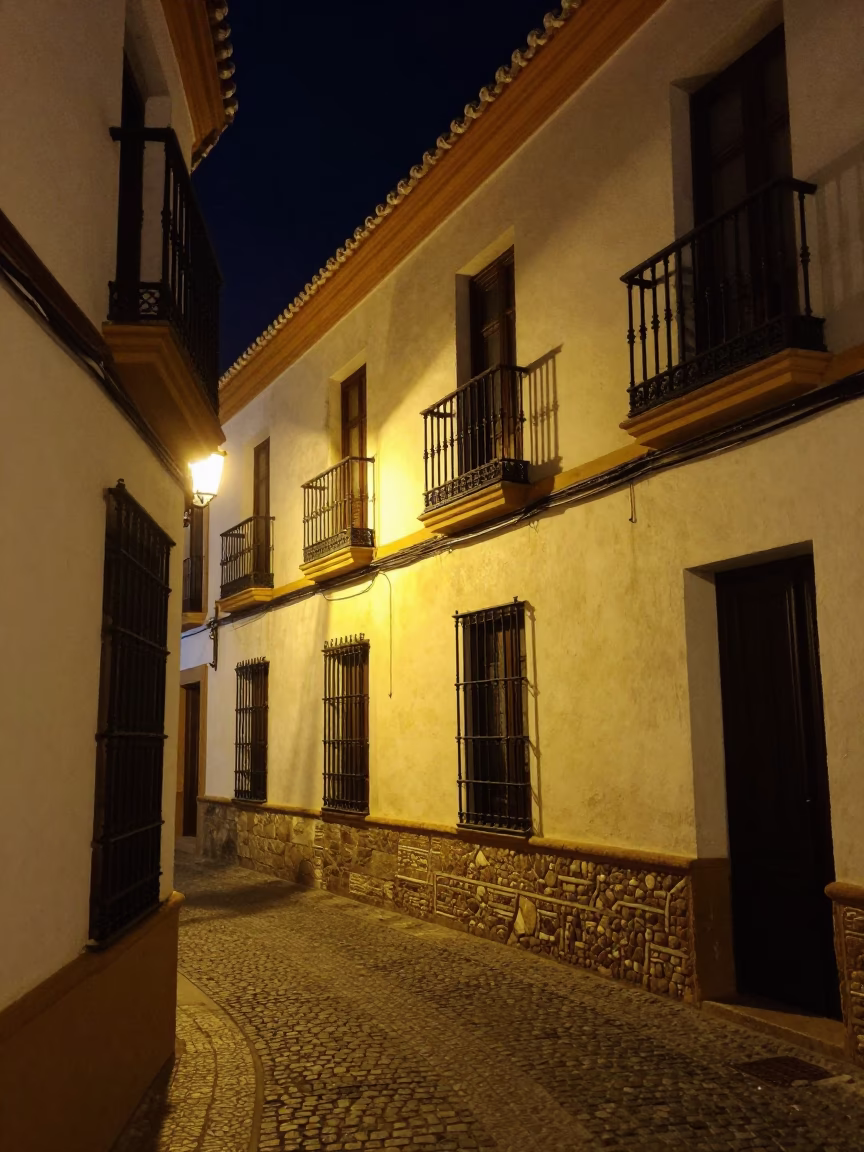 Late Night Seville Street Scene with Traditional Spanish Balconies and Urban Details in in Seville, Spain