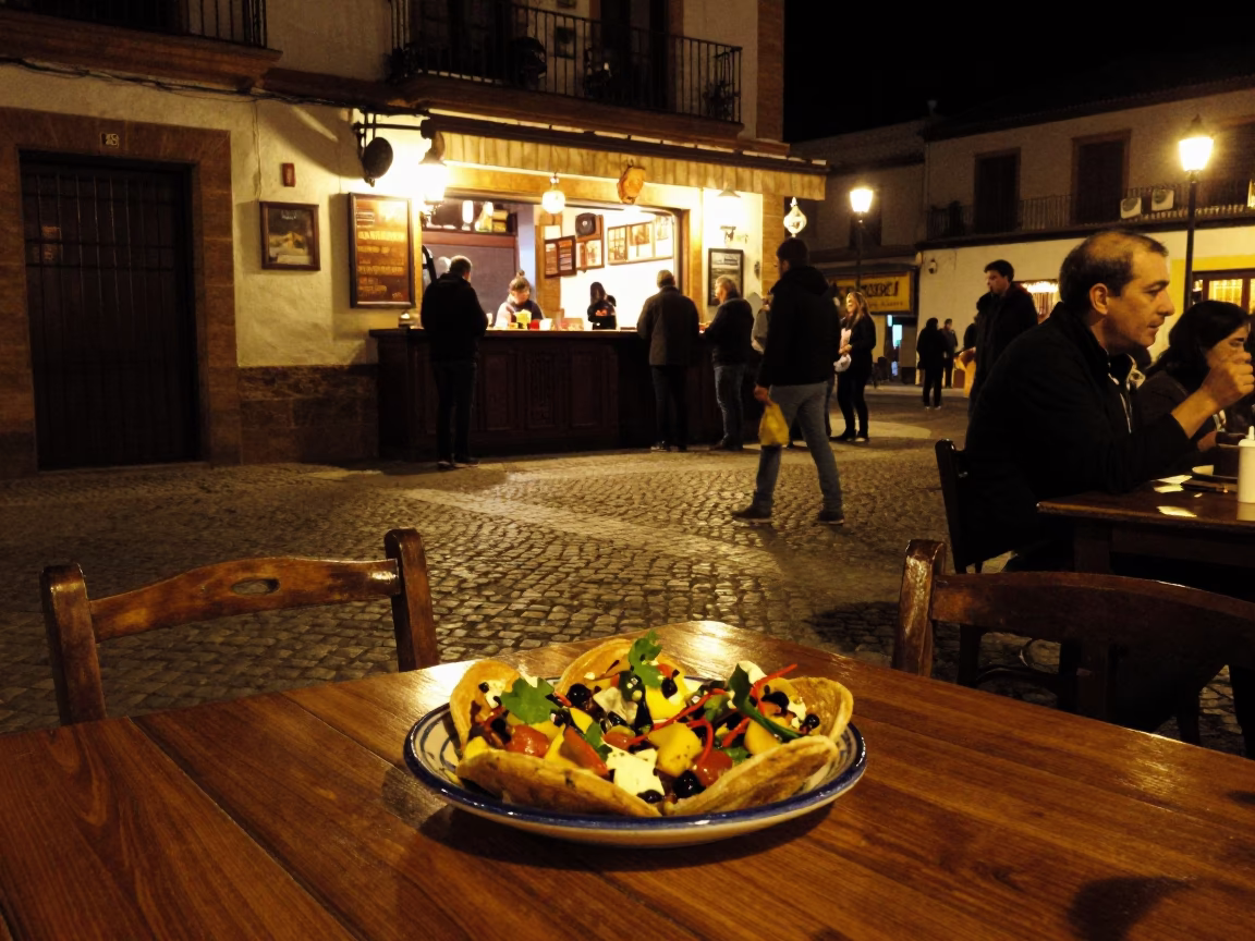 Late Night Seville Street Scene with Traditional Spanish Tapas and Ceramic Plates in in Seville, Spain