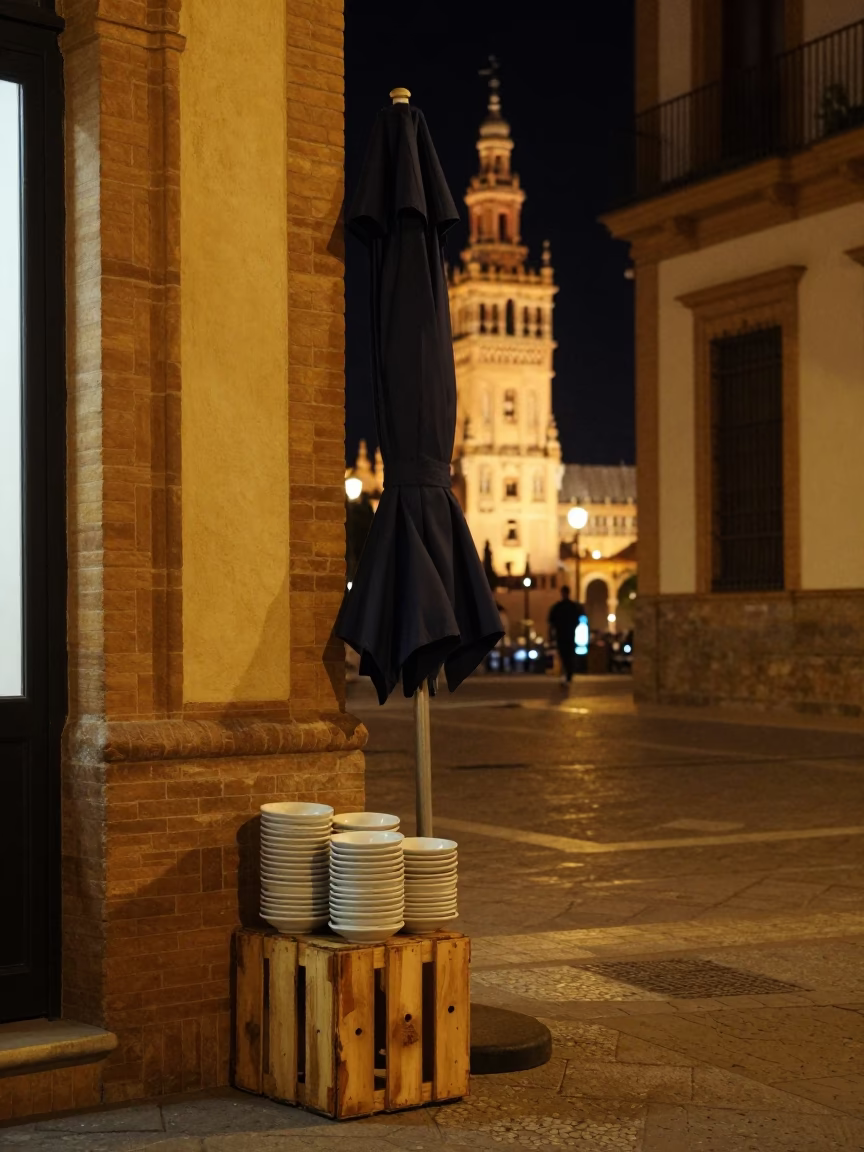 Late Night Seville Street Scene with Umbrella Stand and Saucers in in Seville, Spain