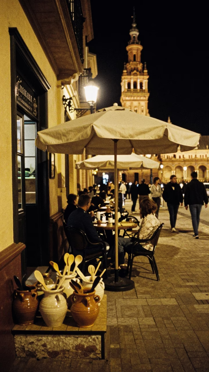 Late Night Seville Street Scene with Umbrella Stand and Utensil Crocks Outside Bar in in Seville, Spain