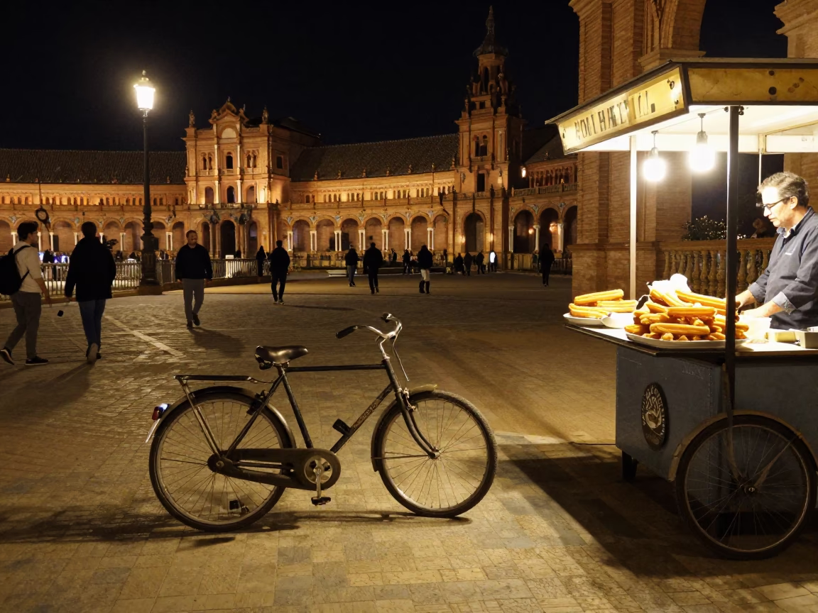Late Night Seville Street Scene with Vintage Bicycle and Churros in Plaza in in Seville, Spain