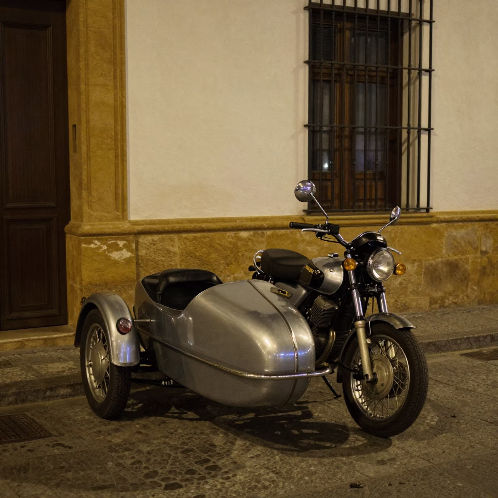 Late Night Seville Street Scene with Vintage Motorcycle and Brass Frame at Midnight in in Seville, Spain