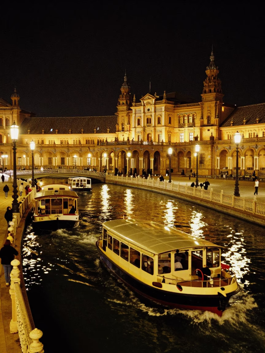 Late Night Seville Street Scene with Water Taxi and Canal Houseboats in in Seville, Spain