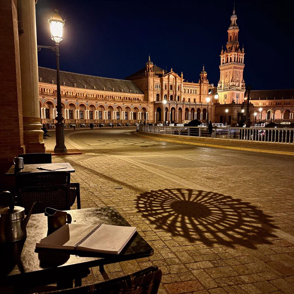Late Night Seville Street Scene with Wicker Shadow and Notebook on Table in in Seville, Spain