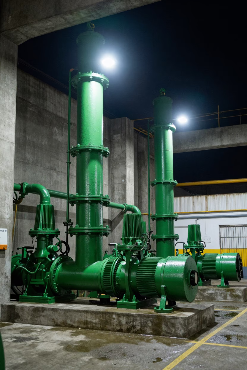 Late Night Sewage Pumping Station in Quito Ecuador with Massive Green Pumps in in Quito, Ecuador