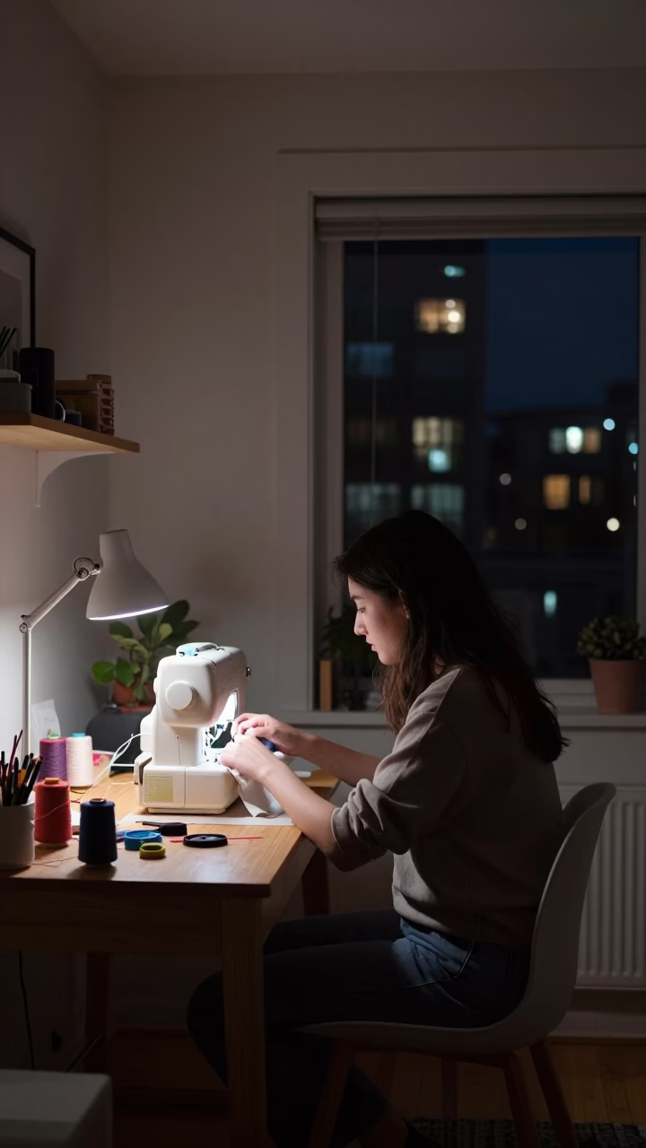 Late Night Sewing Session in Vancouver Apartment with Thread and Needle in in Vancouver, British Columbia, Canada
