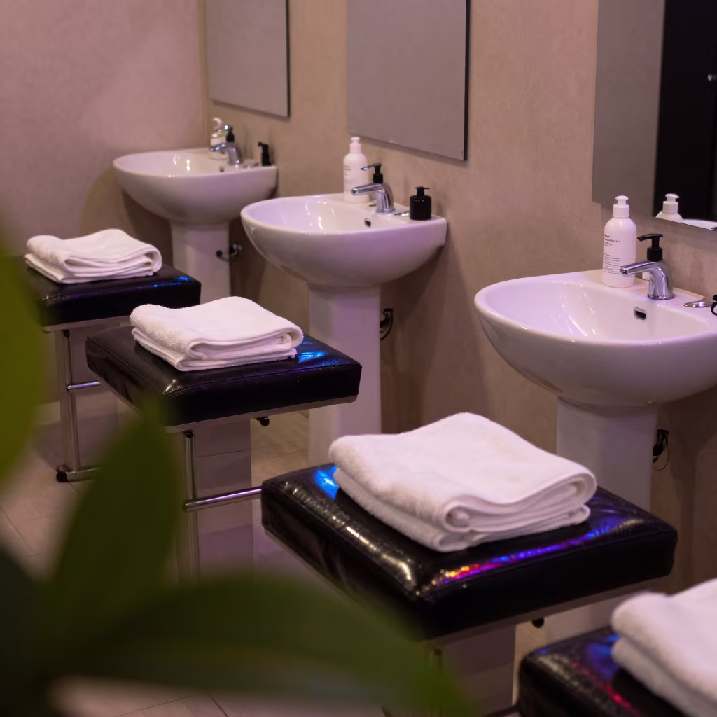 Late Night Shampoo Lounge with Neon Reflections in inside a nail studio near Tinaquillo