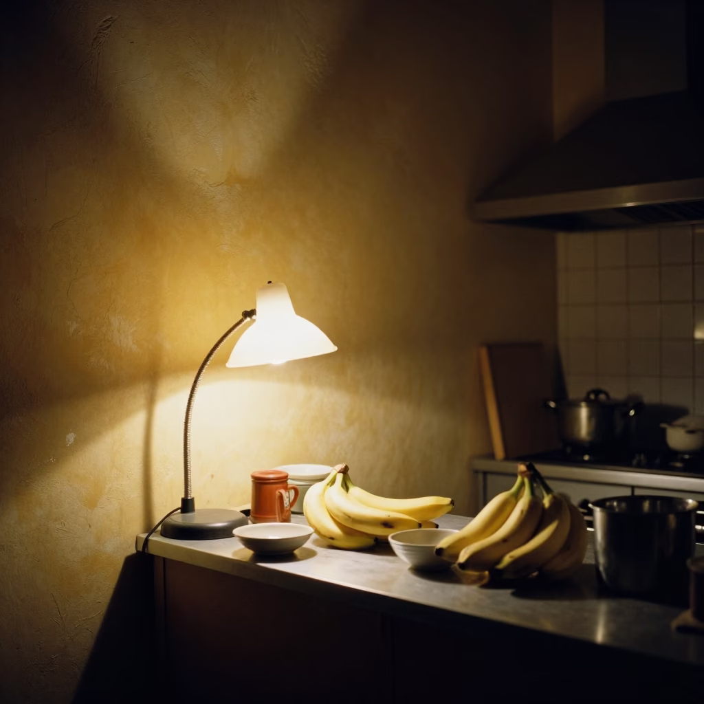Late Night Shanghai Kitchen with Rusty Walls and Bananas in in Shanghai, China