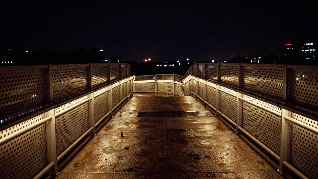 Late Night Shanghai Pedestrian Overpass with Perforated Metal Railings and Wet Footsteps in in Shanghai, China