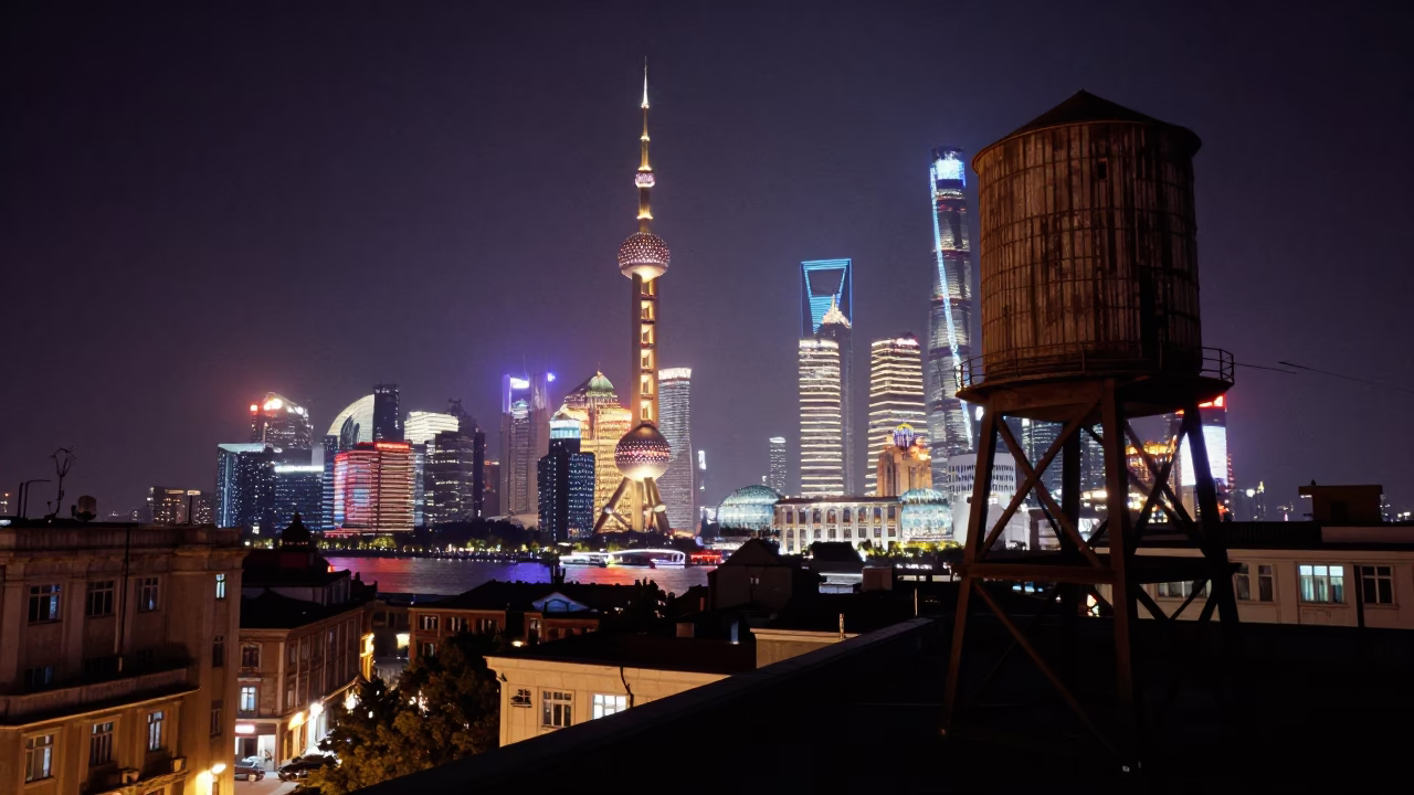 Late Night Shanghai Rooftop Water Tower and Urban Horizon View in in Shanghai, China