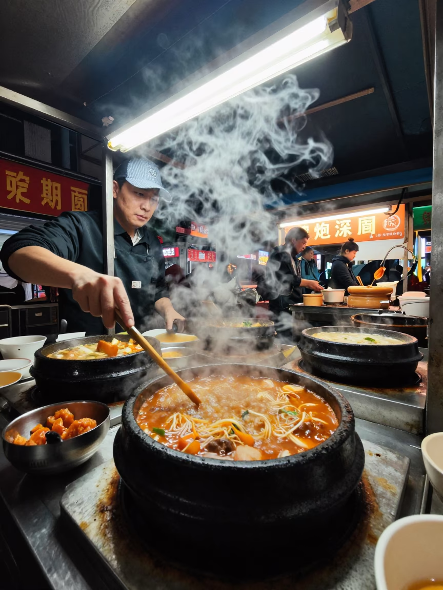 Late Night Shanghai Street Food Stall with Bubbling Stone Bowl and Urban Neon Background in in Shanghai, China
