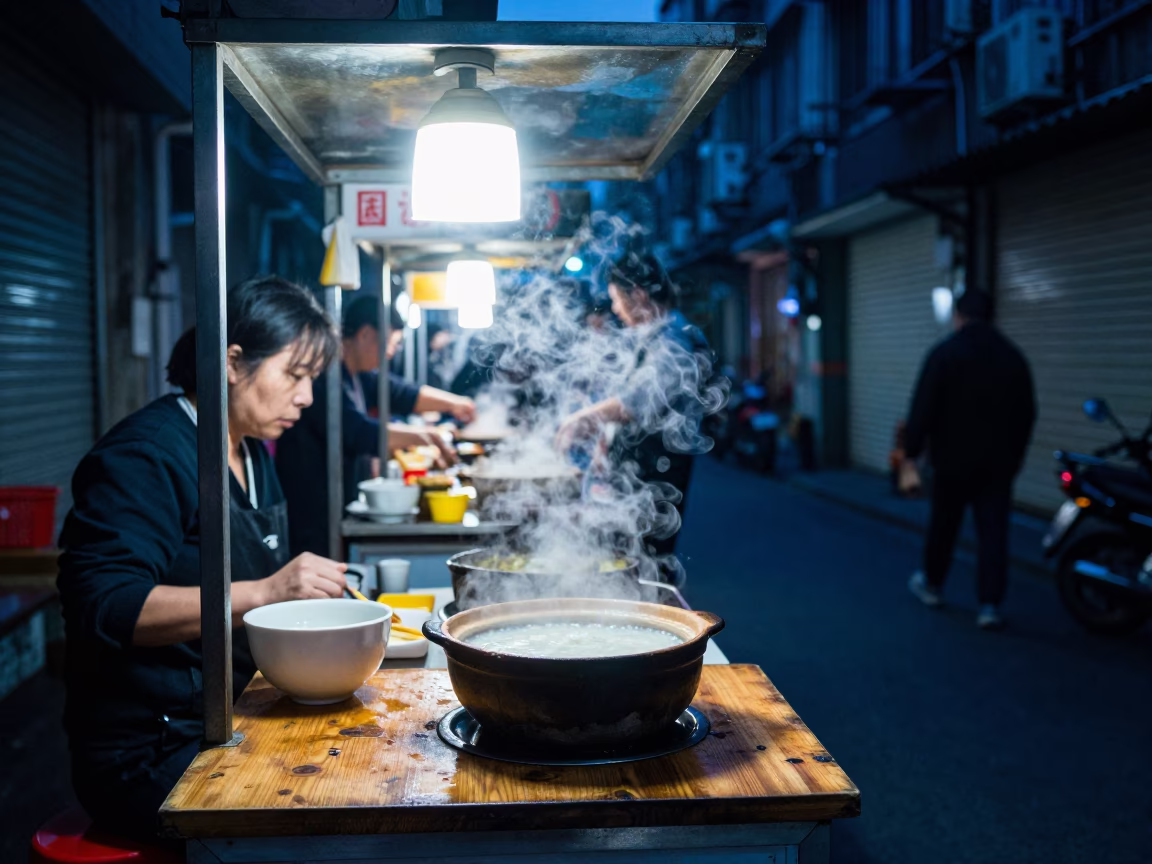 Late Night Shanghai Street Food Stall with Congee and Crispy Shallots Under Neon Lights in in Shanghai, China
