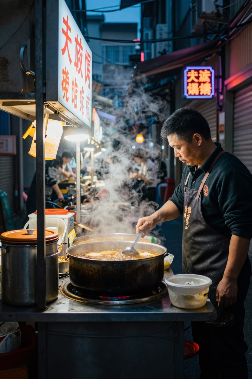 Late Night Shanghai Street Food Stall with Electric Kettle and Onions in in Shanghai, China