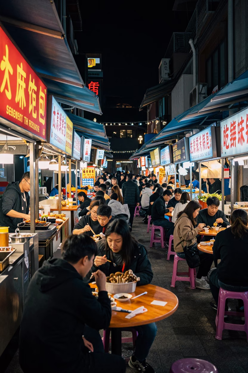 Late Night Shanghai Street Food Stall with Inkcap Mushrooms and Steaming Dinners in in Shanghai, China