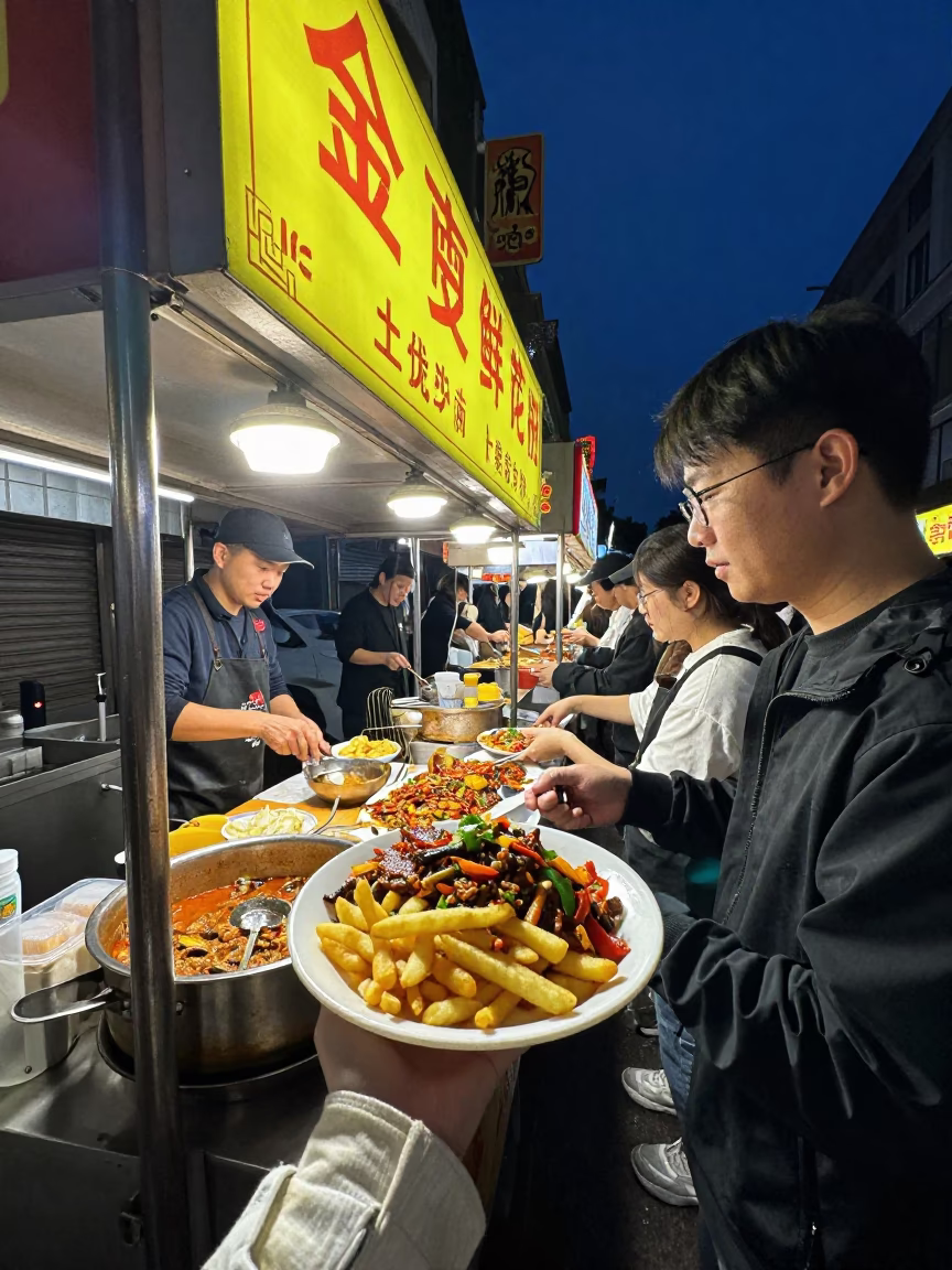 Late Night Shanghai Street Food Stall with Lomo Saltado and Ayran at Midnight in in Shanghai, China