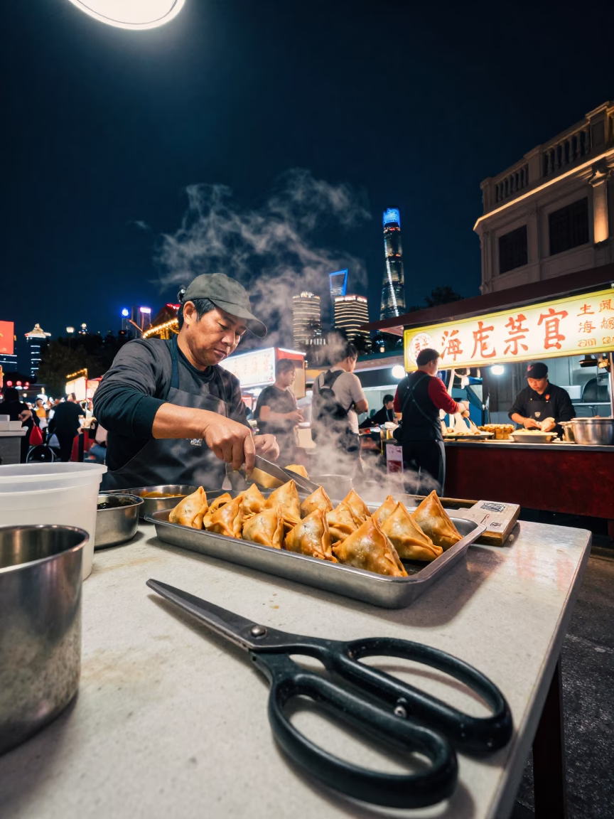 Late Night Shanghai Street Food Stall with Tailor Shears and Cat in in Shanghai, China