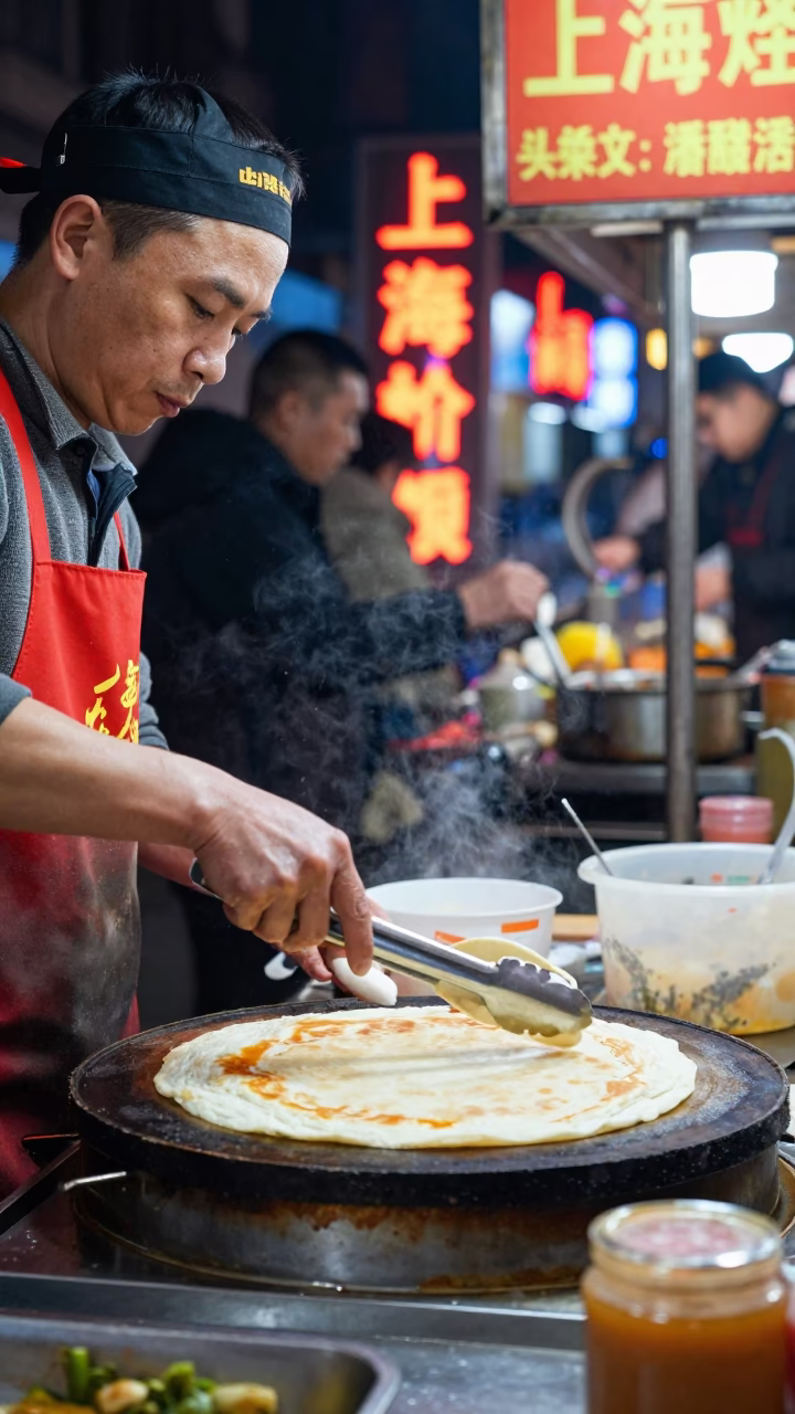 Late Night Shanghai Street Food Vendor Cooking Flatbread with Tongs Under Neon Lights in in Shanghai, China