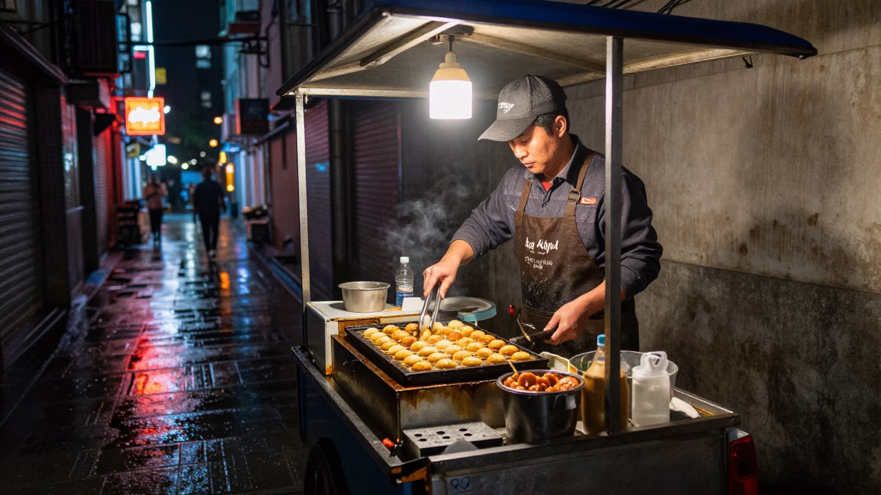 Late Night Shanghai Street Food Vendor Cooking Takoyaki on Grill with City Lights in in Shanghai, China