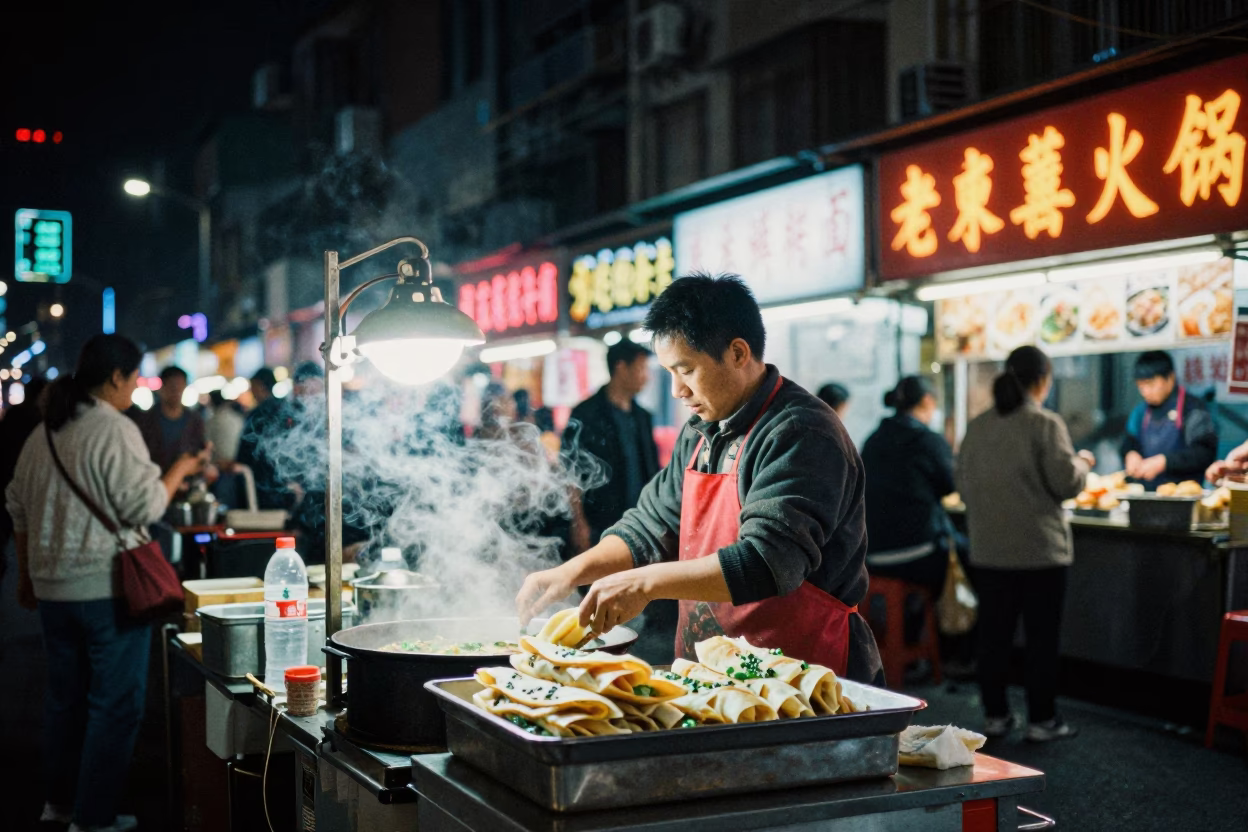 Late Night Shanghai Street Food Vendor Serving Banh Cuon Under Neon Lights in in Shanghai, China