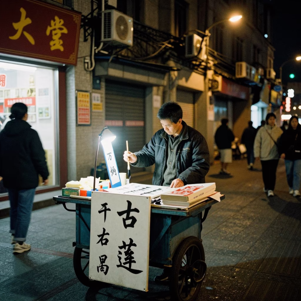 Late Night Shanghai Street Scene with Calligraphy Brush and Brushed Steel Bottle in in Shanghai, China